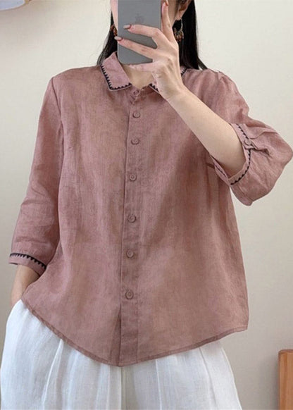 Fine Apricot Patchwork Button Linen Shirts Fall