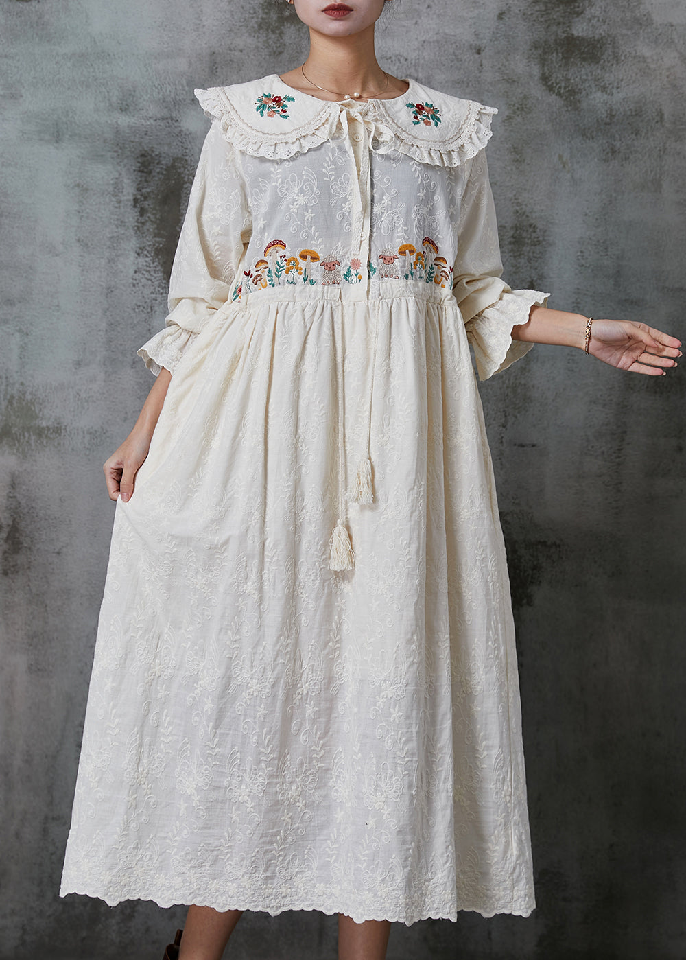 Fine Apricot Peter Pan Collar Embroidered Cotton Dress Spring