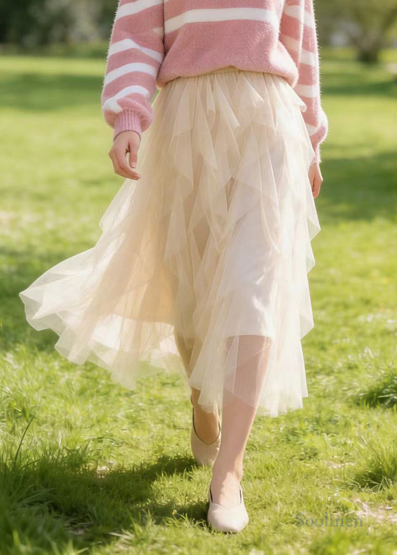 Fine Apricot Ruffles Elastic Waist Tulle Skirts Spring