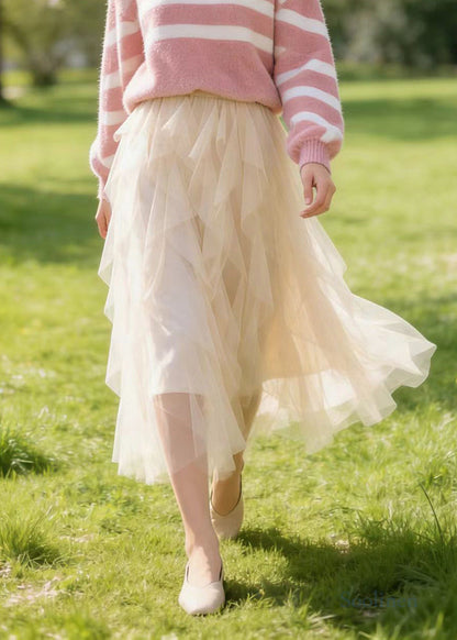Fine Apricot Ruffles Elastic Waist Tulle Skirts Spring