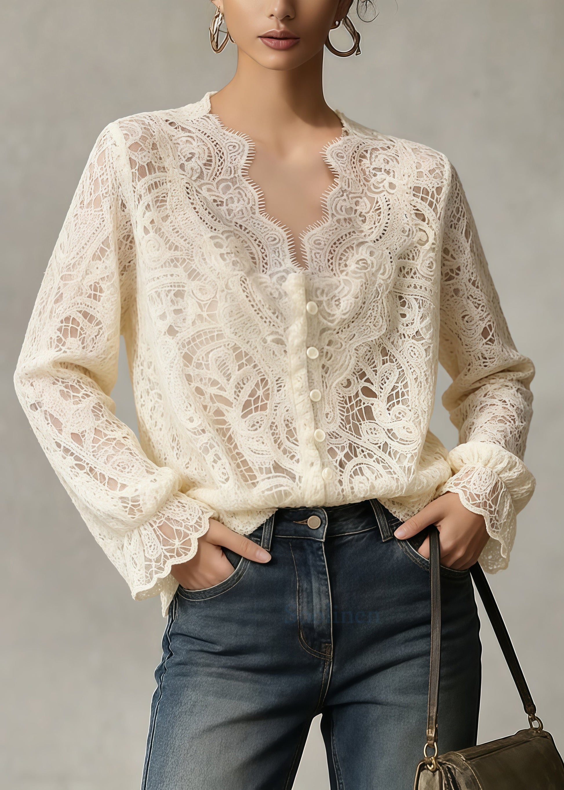 Fine Apricot V Neck Hollow Out Lace Shirt Top Summer