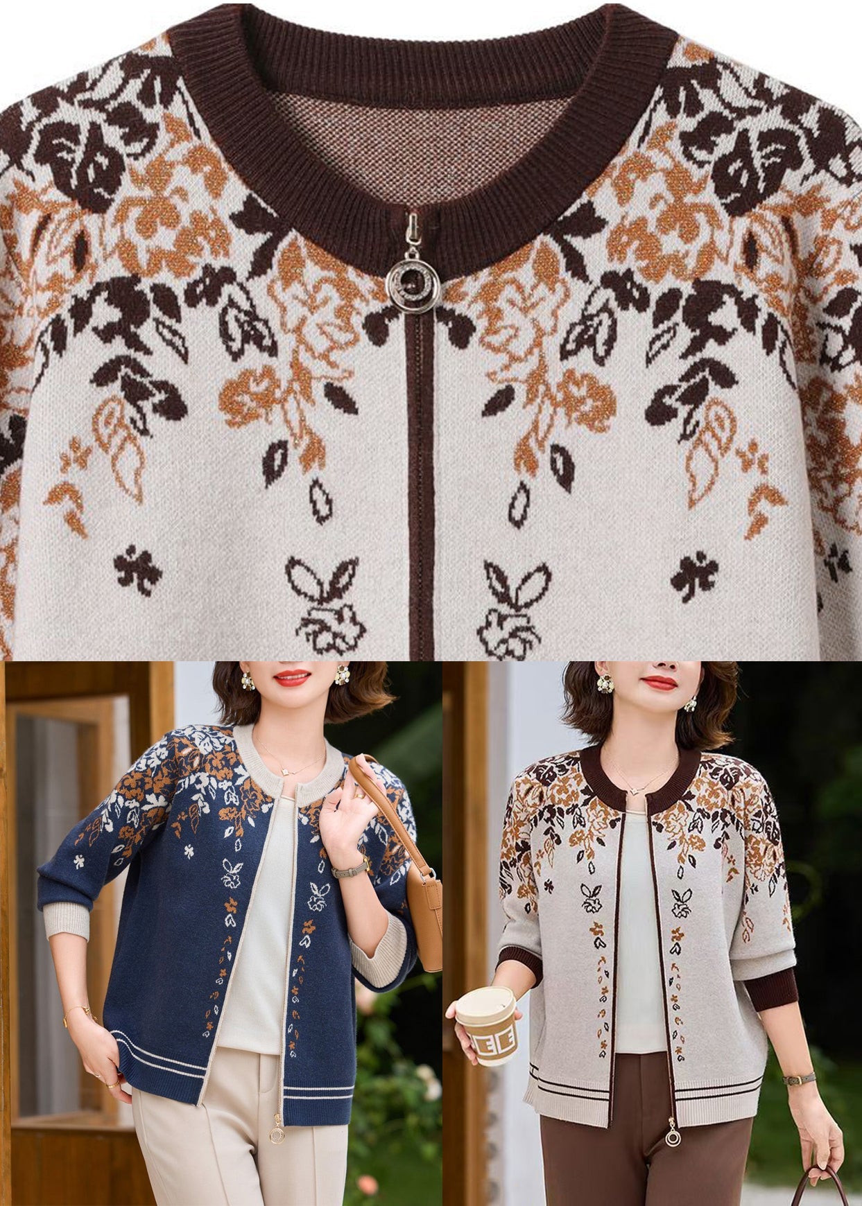 Fine Beige O-neck Print Cotton Knit Cardigans Fall