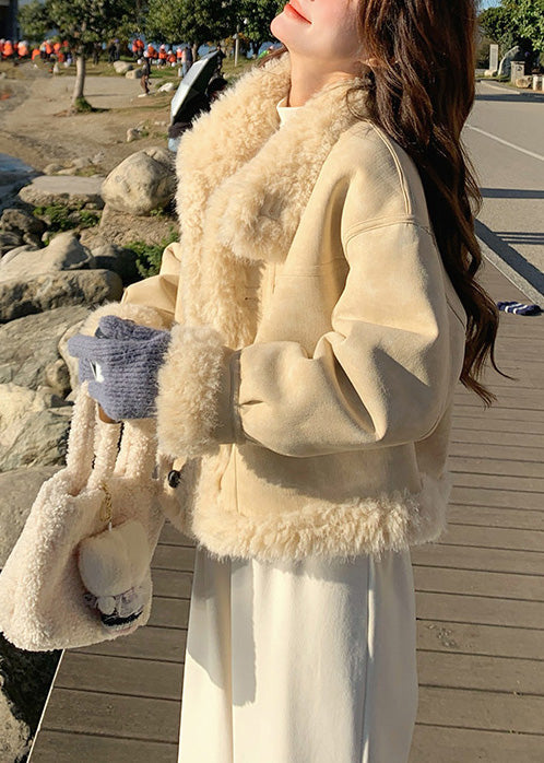 Fine Beige Oversized Patchwork Fleece Wool Lined Coats Winter