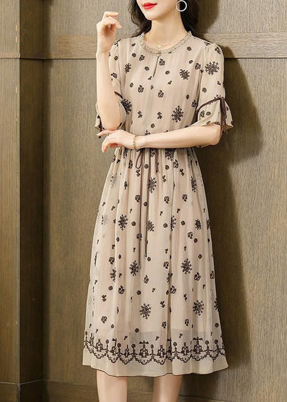 Fine Beige Ruffled Embroideried Exra Large Hem Silk Cinched Dress Summer