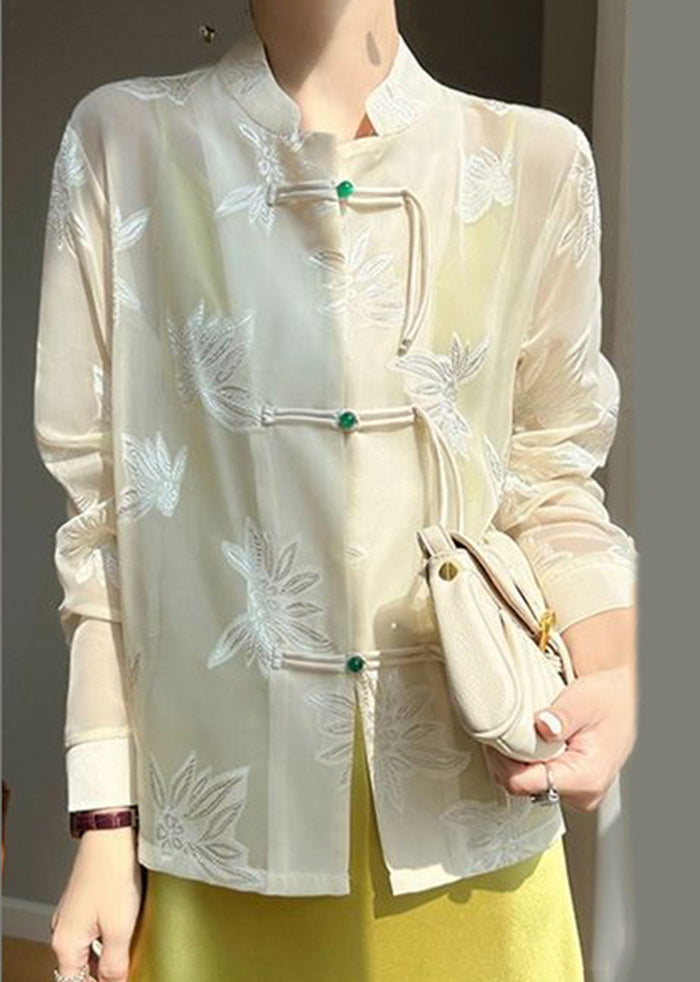 Fine Beige Tasseled Jacquard Tulle Upf 50+ Shirt Fall