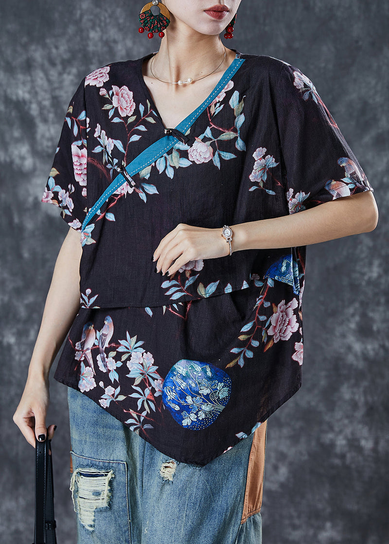Fine Black Asymmetrical Print Linen Top Summer