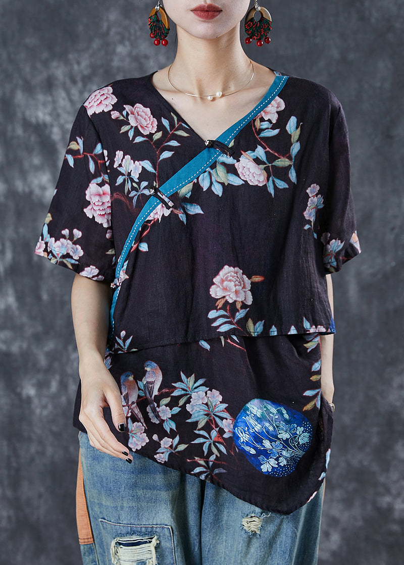 Fine Black Asymmetrical Print Linen Top Summer