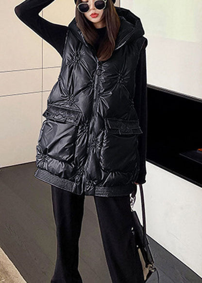 Fine Black Zippered Pockets Winter Sleeveless Puffer Vest