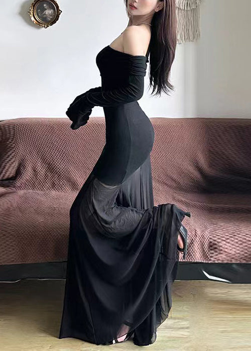 Fine Black Cold Shoulder Patchwork Tulle Party Dress Spring