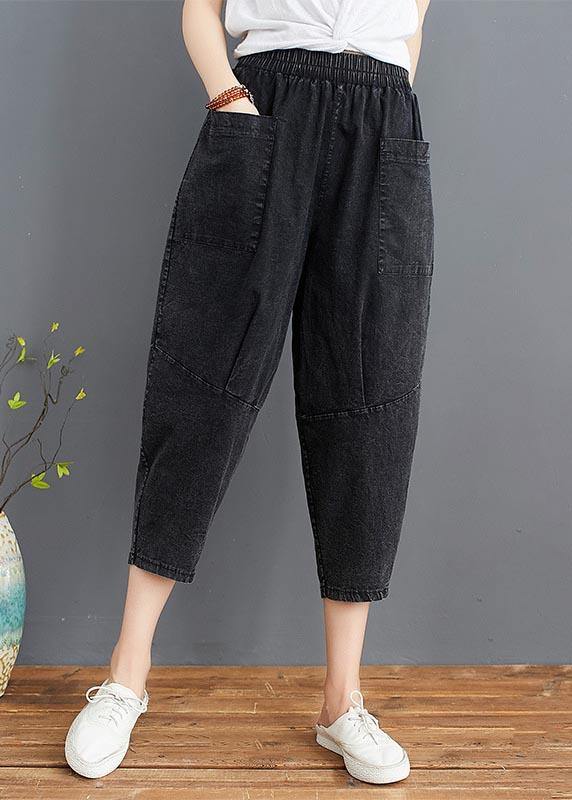 Fine Black Elastic Waist Jeans Harem Pants Summer Cotton