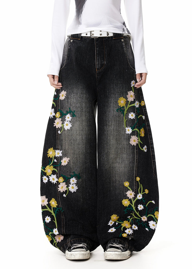 Fine Black Embroidered High Waist Denim Pants Spring