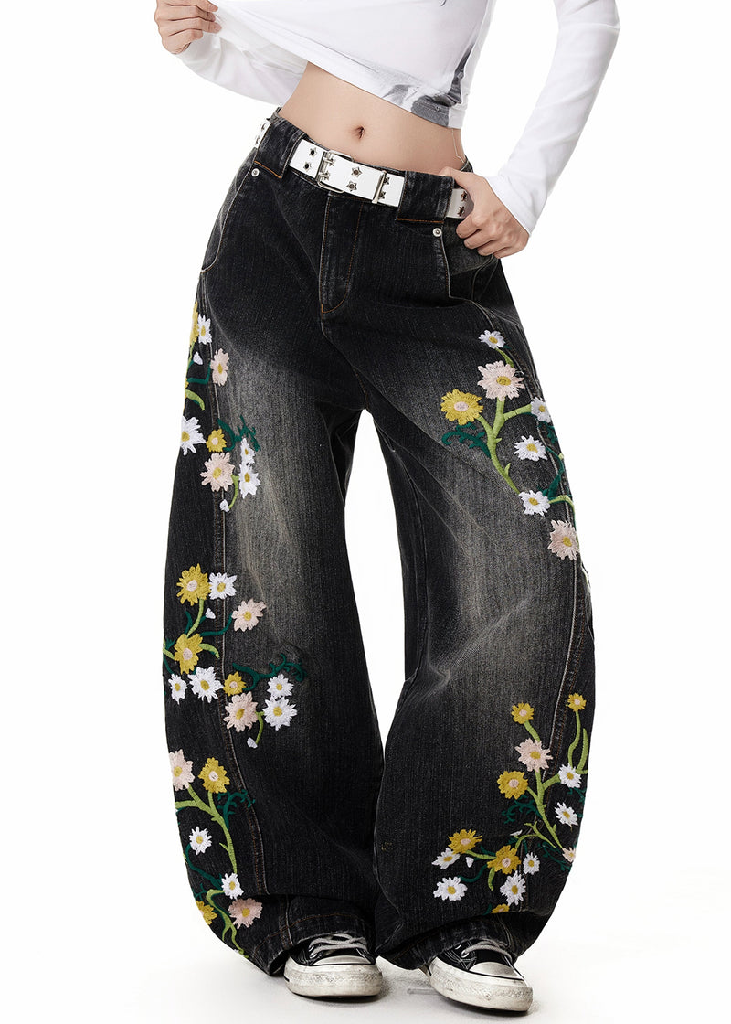 Fine Black Embroidered High Waist Denim Pants Spring