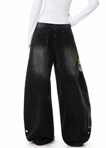 Fine Black Embroidered High Waist Denim Pants Spring