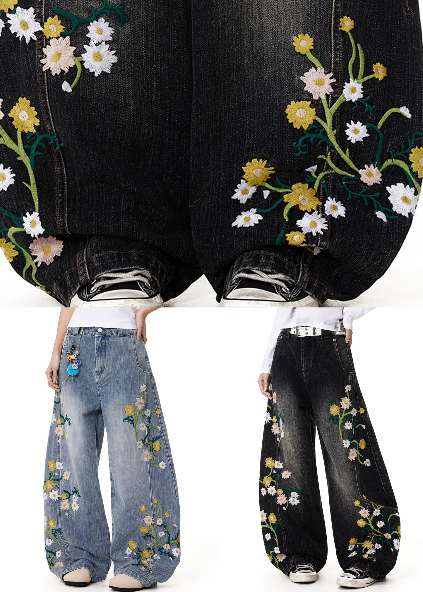 Fine Black Embroidered High Waist Denim Pants Spring