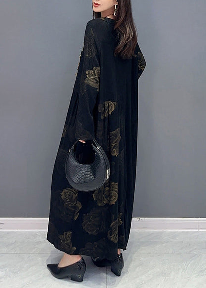 Fine Black O Neck Patchwork Cotton Long Dress Fall