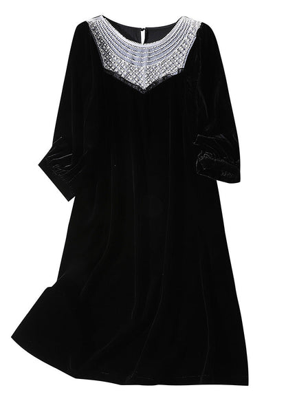 Fine Black O-neck Lace Patchwork Velour Mid Dress Spring