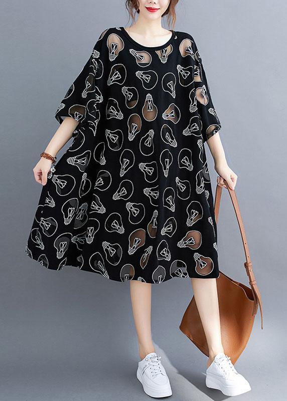 Fine Black O-neck Loose Summer Jacquard Dresses Half Sleeve