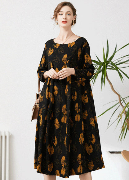 Fine Black O-neck Oversized Print Cashmere Dresses Spring