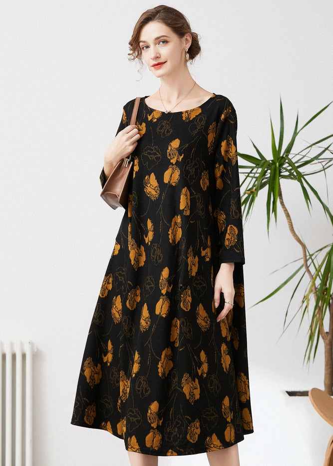 Fine Black O-neck Oversized Print Cashmere Dresses Spring