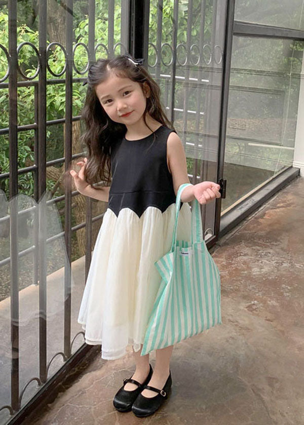 Fine Black O Neck Wrinkled Patchwork Tulle Kids Dress Sleeveless