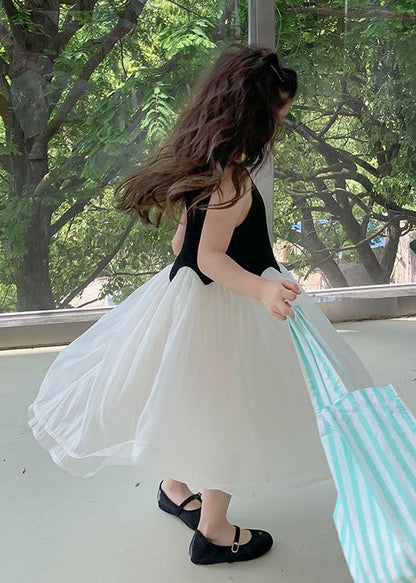 Fine Black O Neck Wrinkled Patchwork Tulle Kids Dress Sleeveless