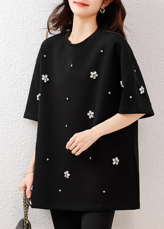 Fine Black Oversized Rhinestone Cotton Tops Summer