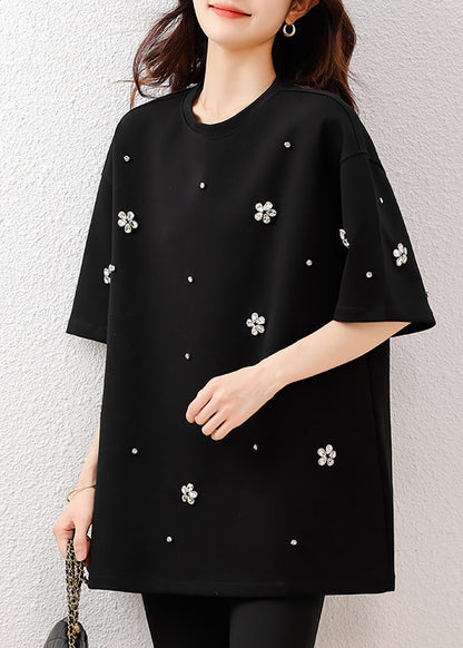 Fine Black Oversized Rhinestone Cotton Tops Summer