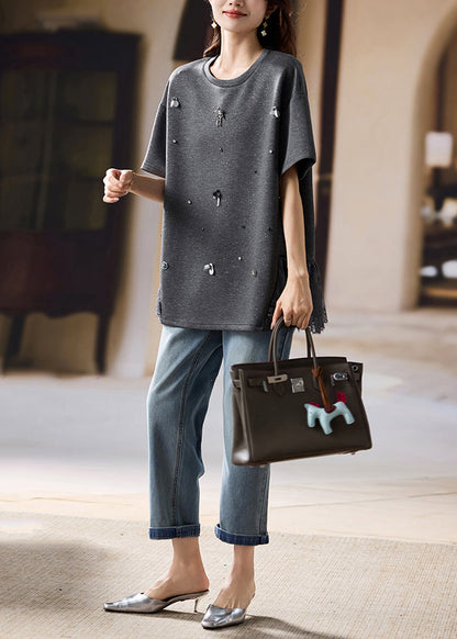 Fine Black Oversized Patchwork Cotton Tops Summer
