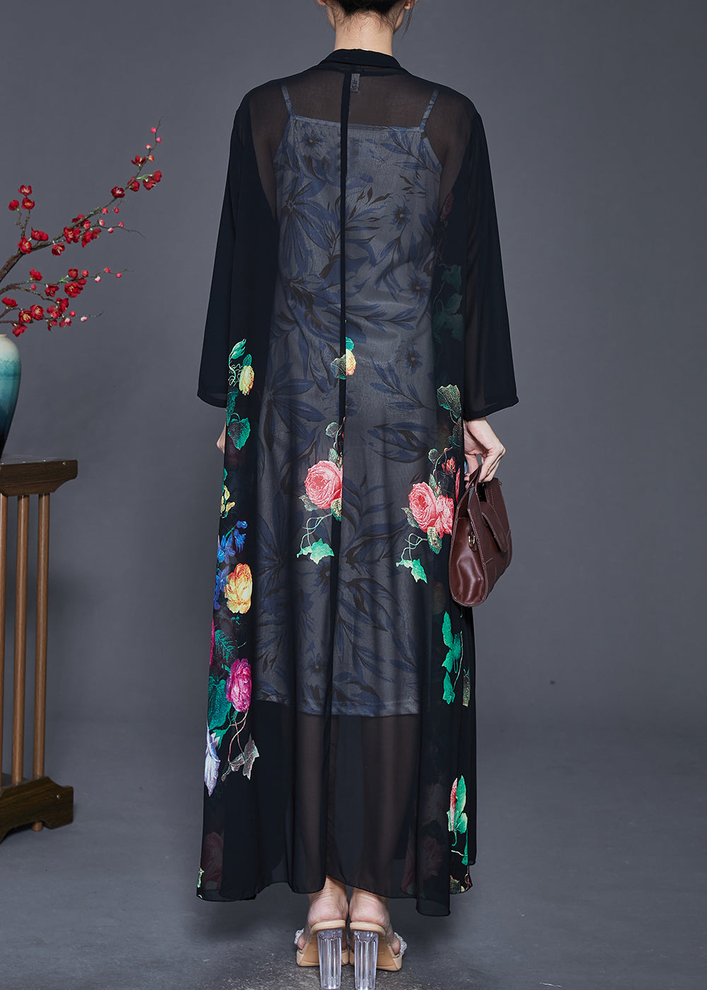 Fine Black Oversized Print Chiffon Upf 50+ Coat Cardigan Spring