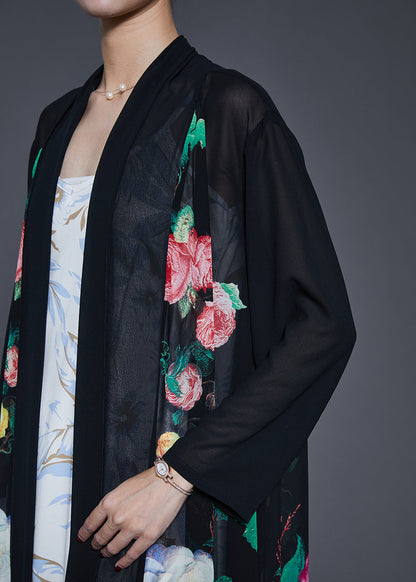 Fine Black Oversized Print Chiffon Upf 50+ Coat Cardigan Spring