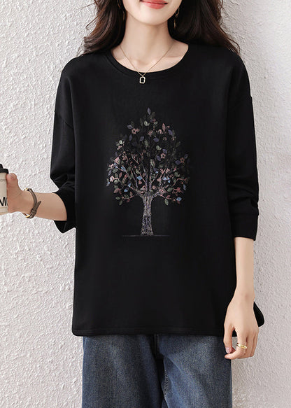 Fine Black Oversized Print Cotton Sweatshirts Top Fall