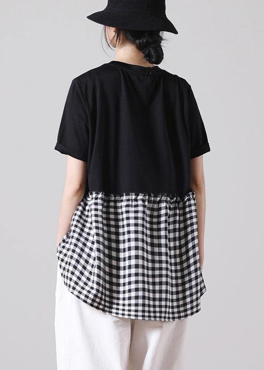 Fine Black Patchwork Asymmetrical Design Ruffled Cotton Short Sleeve Summer Shirt Top