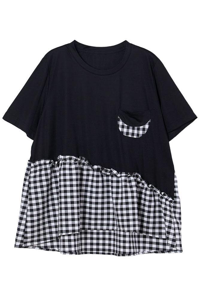 Fine Black Patchwork Asymmetrical Design Ruffled Cotton Short Sleeve Summer Shirt Top