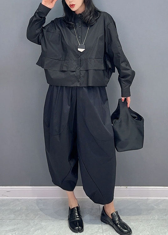 Fine Black Peter Pan Collar Patchwork Tops and Pants Cotton Two Pieces Set Spring
