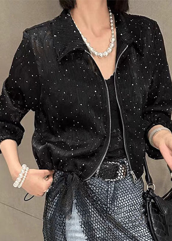 Fine Black Peter Pan Collar Zircon Zippered Upf 50+ Coat Long Sleeve