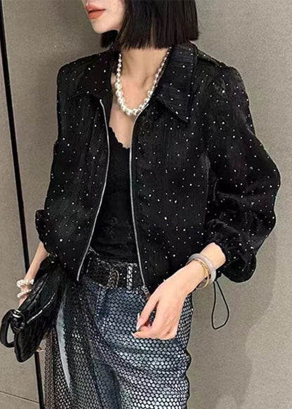Fine Black Peter Pan Collar Zircon Zippered Upf 50+ Coat Long Sleeve