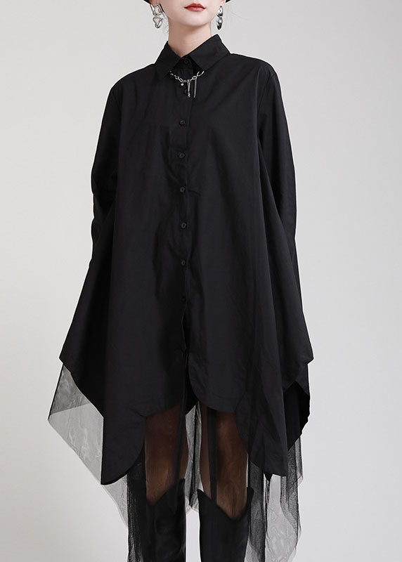 Fine Black Peterpan Collar Button Asymmetrical Design Patchwork Tulle Fall Shirt Tops Long Sleeve