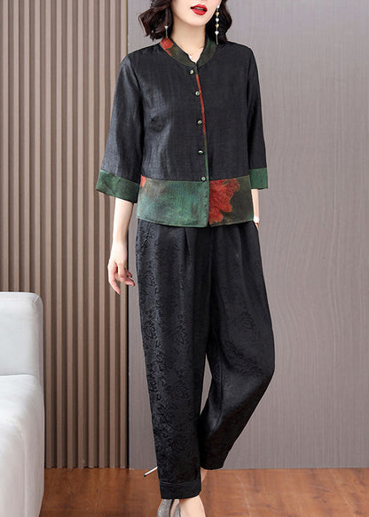 Fine Black Print Button Shirts and Crop Pants Silk Two Piece Set Fall