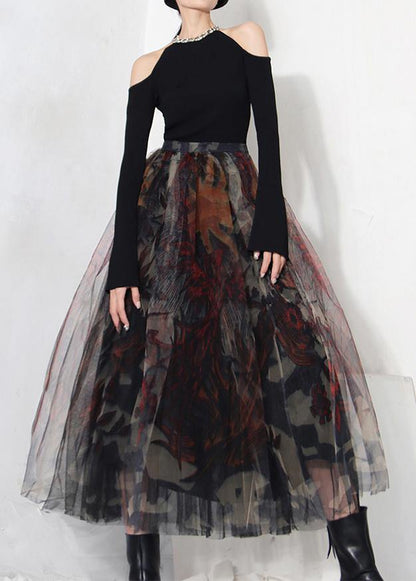 Fine Black Print Lace a Line Tulle Skirts Summer