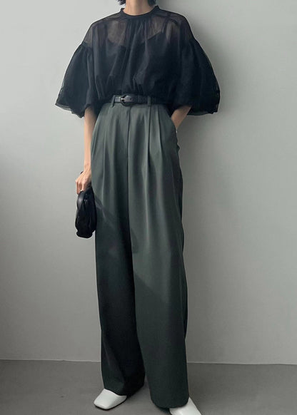 Fine Black Puff Sleeve Tulle Sheer Tops Summer