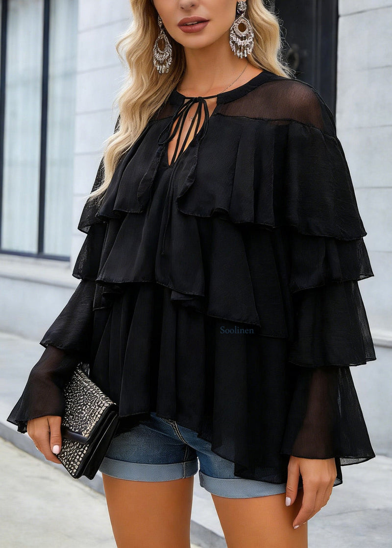 Fine Black Ruffled Patchwork Chiffon Blouse Top Spring
