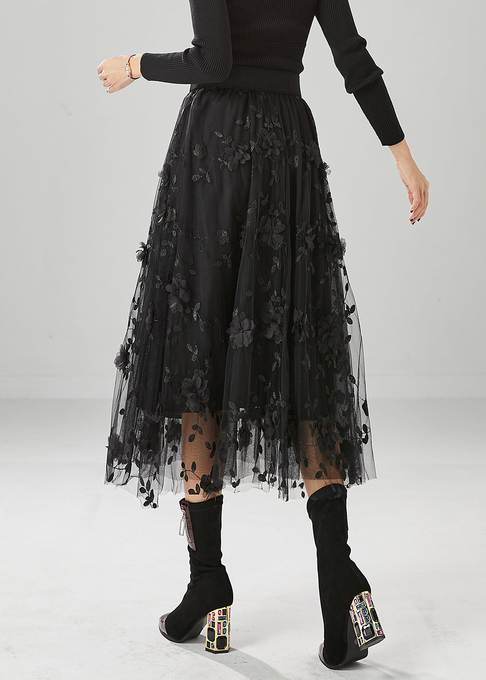 Fine Black Stereoscopic Tulle Skirt Fall