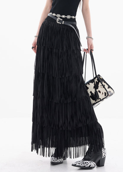 Fine Black Tasseled Elastic Waist Cotton Skirts Summer