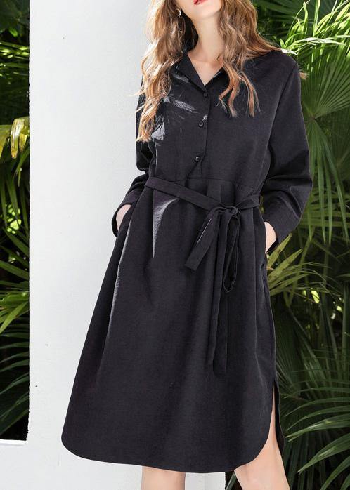 Fine Black Tie Waist Cotton Side Open Spring Dresses