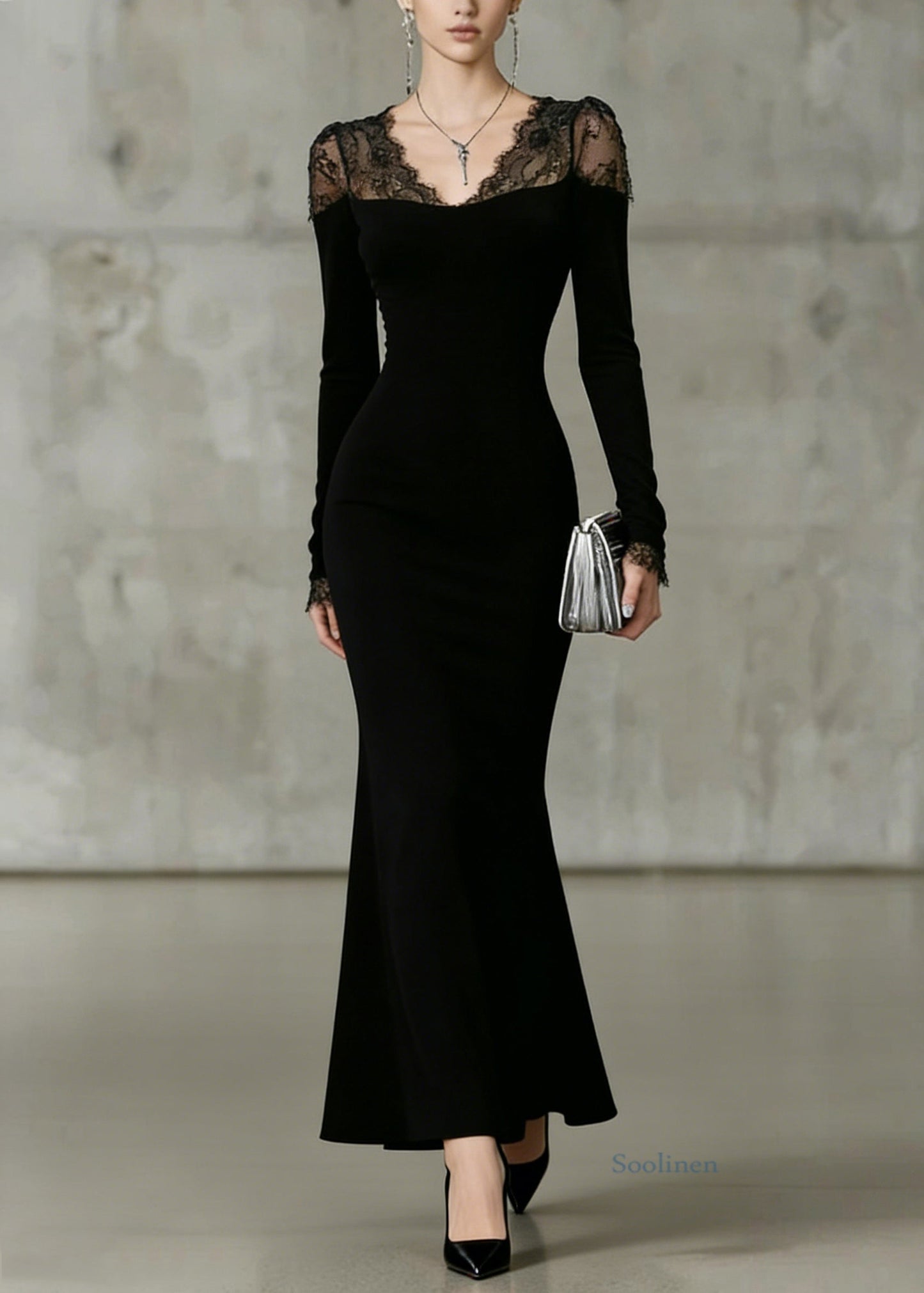 Fine Black V Neck Lace Patchwork Fish Tail Dresses Spring