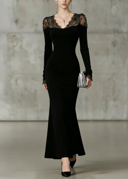 Fine Black V Neck Lace Patchwork Fish Tail Dresses Spring
