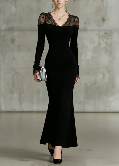Fine Black V Neck Lace Patchwork Fish Tail Dresses Spring