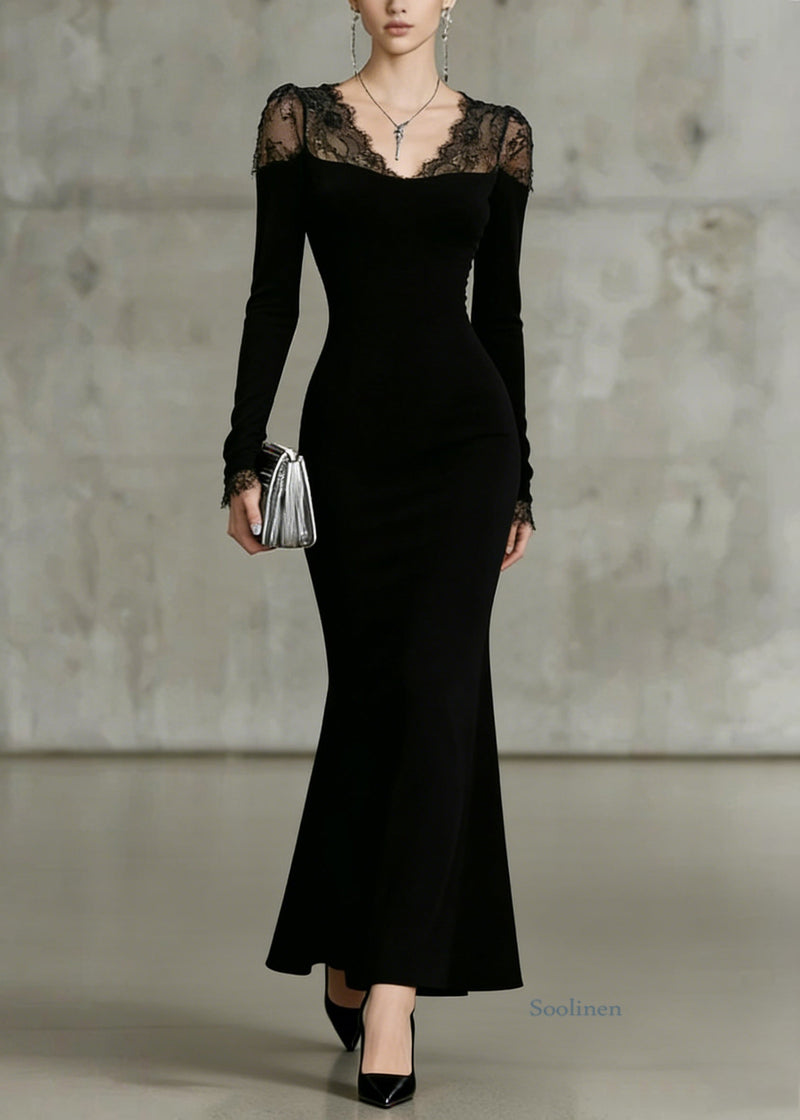 Fine Black V Neck Lace Patchwork Fish Tail Dresses Spring