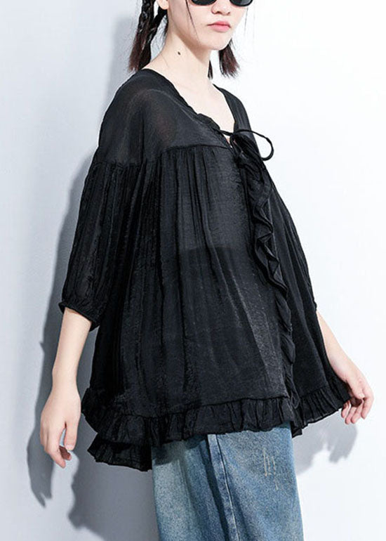 Fine Black V Neck Tie Wrinkled Top Three Quarter Sleeve