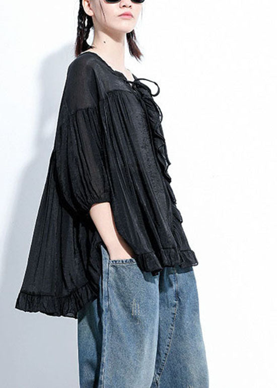 Fine Black V Neck Tie Wrinkled Top Three Quarter Sleeve